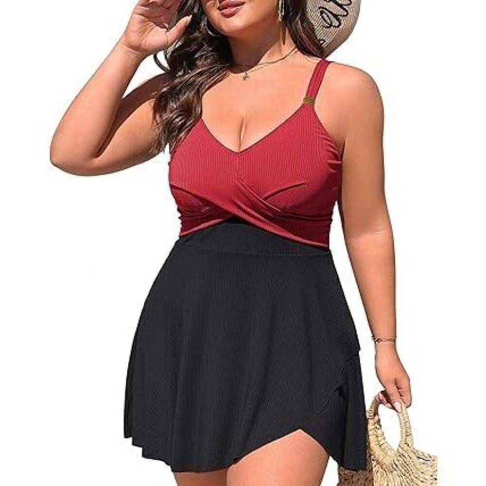 Women Plus Size Swim Dress Ribbed One Piece Swimsuit Twist Front Modest Tummy